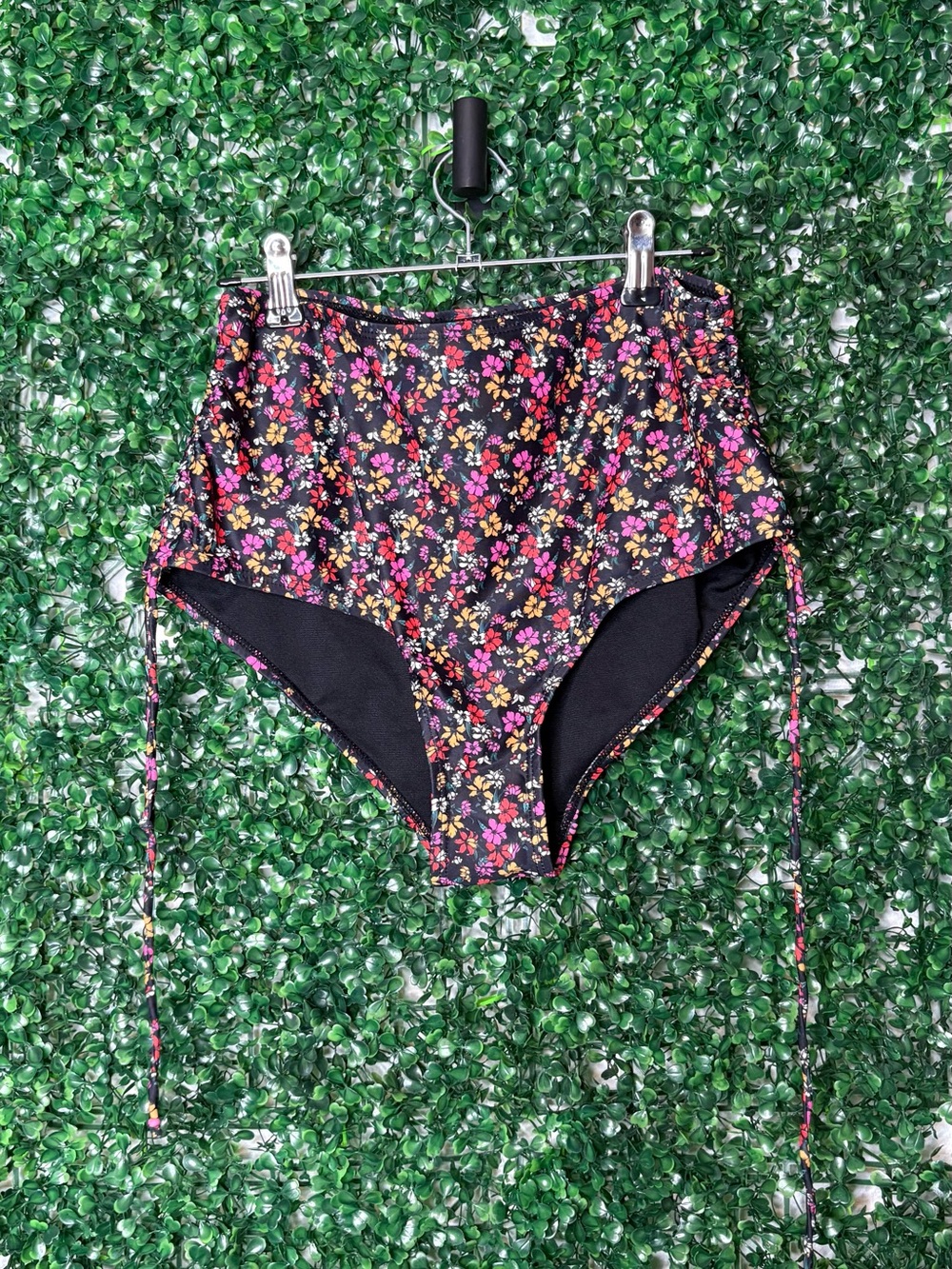 Vero Moda High-Waist Floral Bikini Bottoms — Black with Pink & Orange Flowers